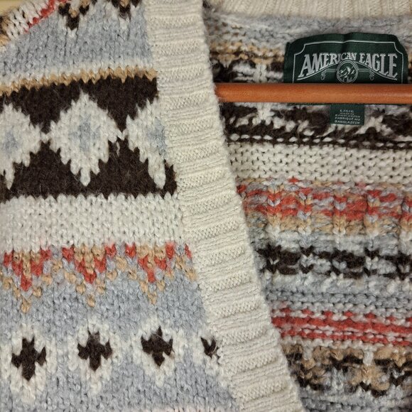 American Eagle Oversized Cozy Cream Fair Isle Grandpa Cardigan Sz Lg - Picture 4 of 11